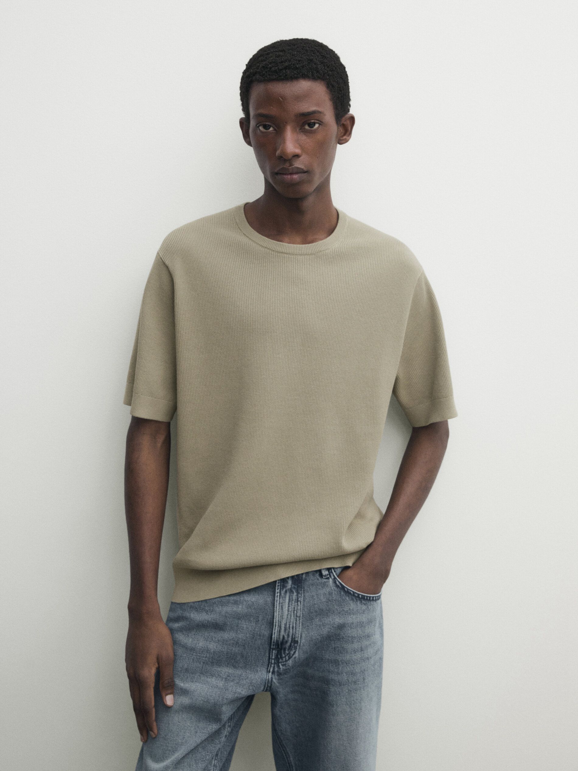 Massimo Dutti Cotton Knit With Short Sleeves Men T-Shirt Khaki | US-WG1845932