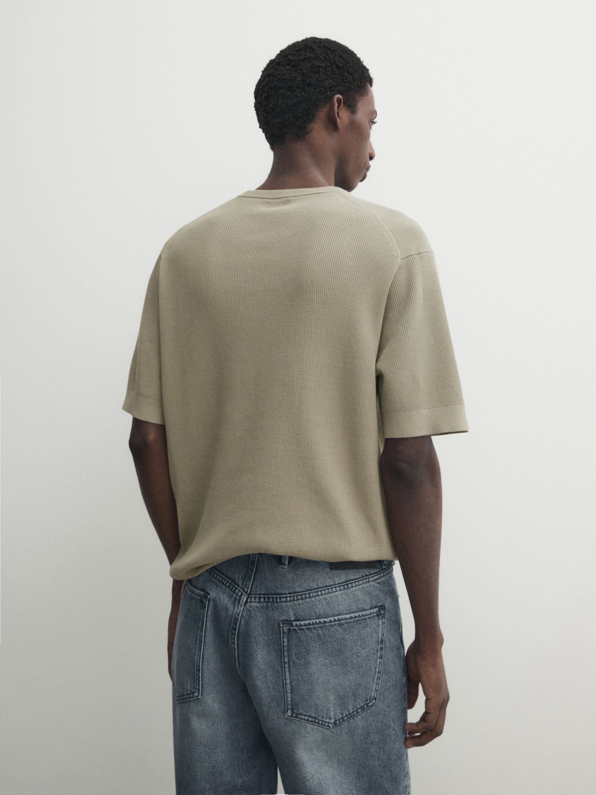 Massimo Dutti Cotton Knit With Short Sleeves Men T-Shirt Khaki | US-WG1845932