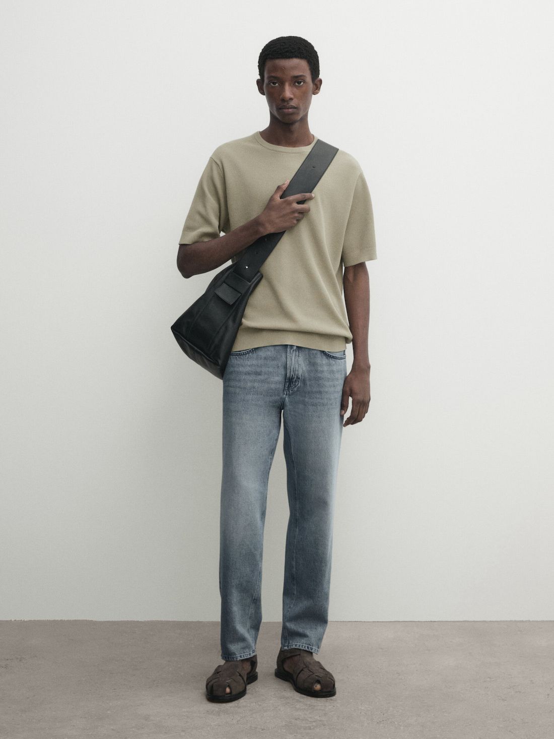 Massimo Dutti Cotton Knit With Short Sleeves Men T-Shirt Khaki | US-WG1845932