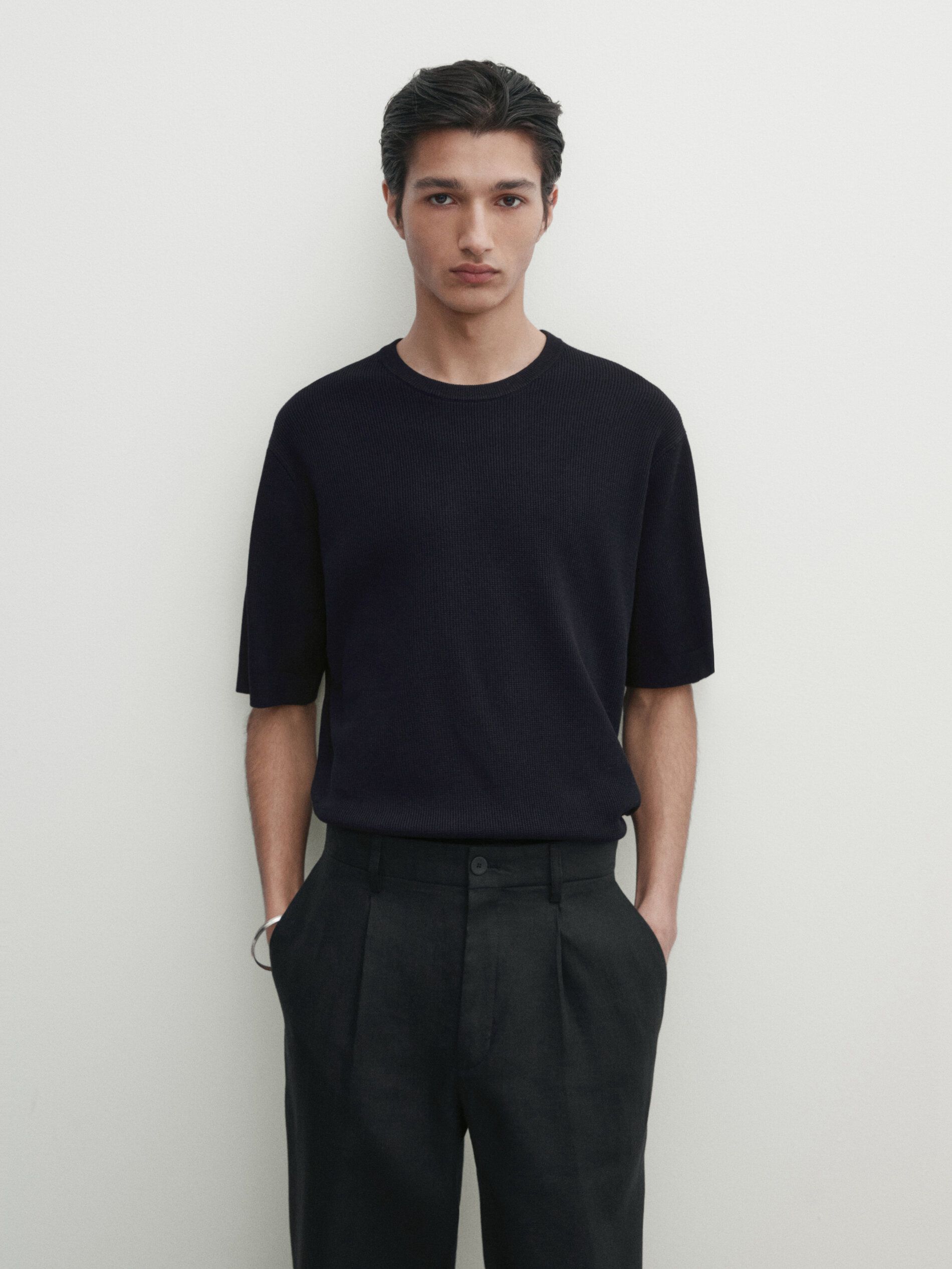 Massimo Dutti Cotton Knit With Short Sleeves Men T-Shirt Navy | US-YE1583740