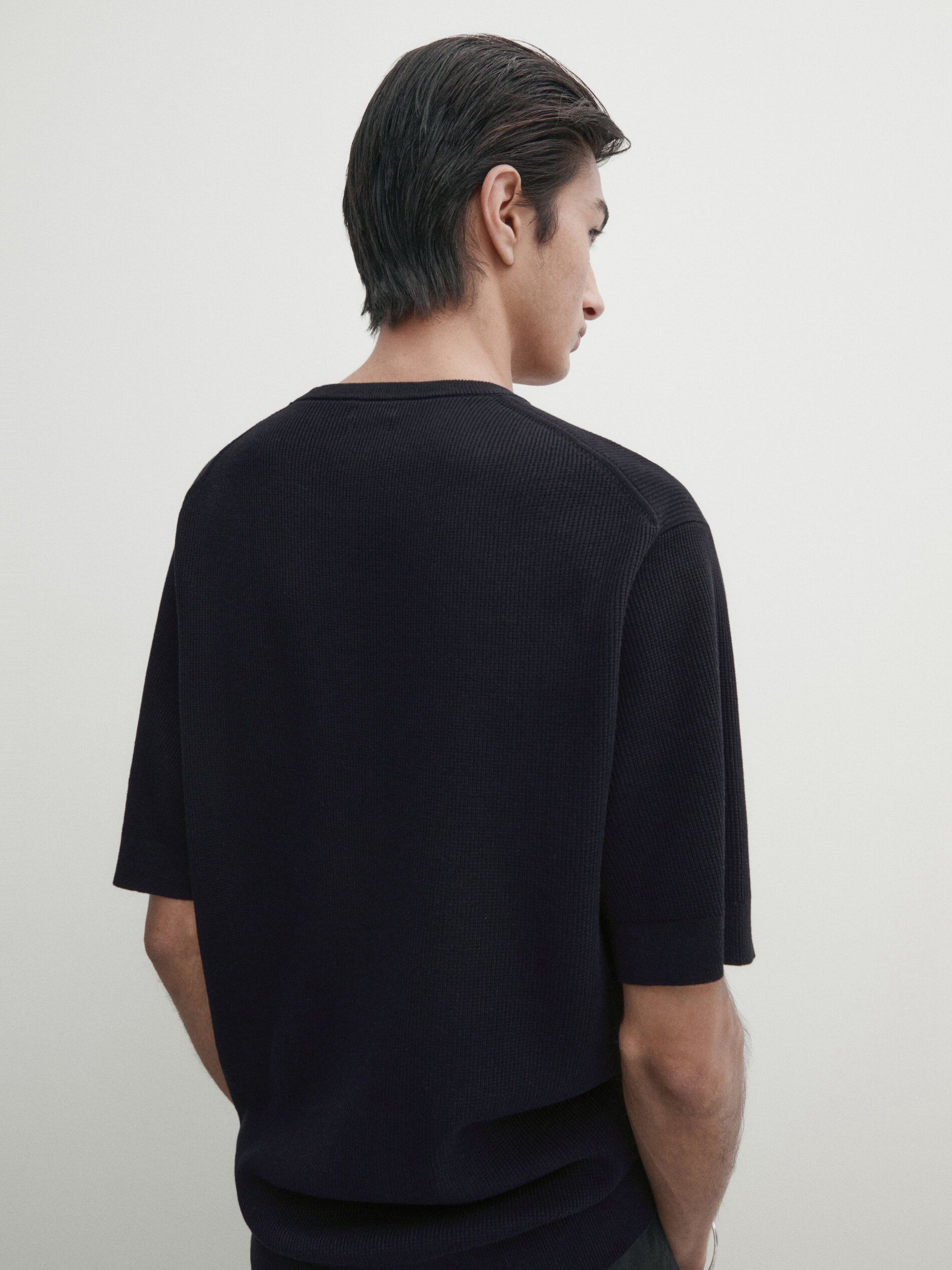 Massimo Dutti Cotton Knit With Short Sleeves Men T-Shirt Navy | US-YE1583740
