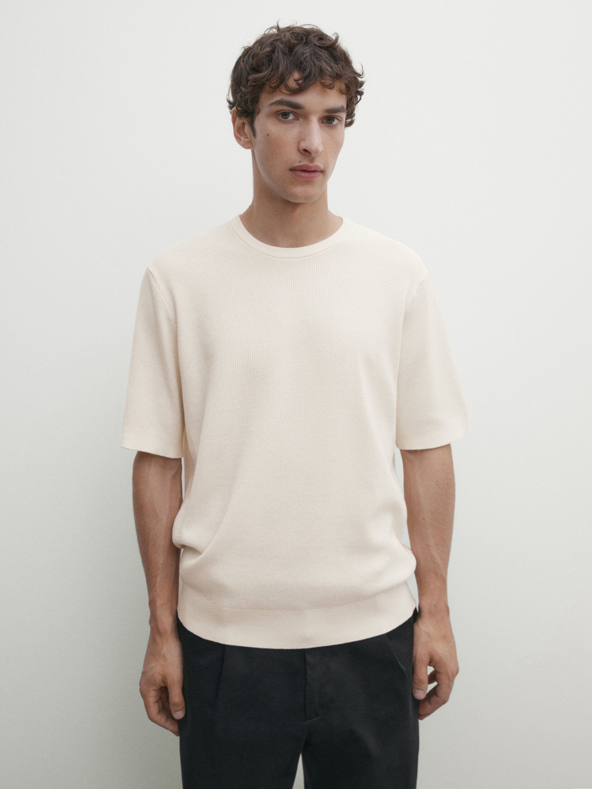 Massimo Dutti Cotton Knit With Short Sleeves Men T-Shirt Cream | US-BK3291045