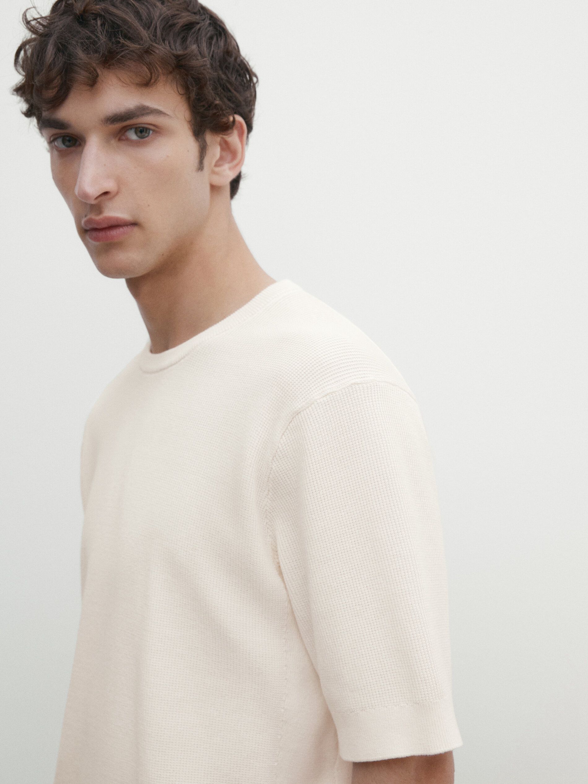Massimo Dutti Cotton Knit With Short Sleeves Men T-Shirt Cream | US-BK3291045