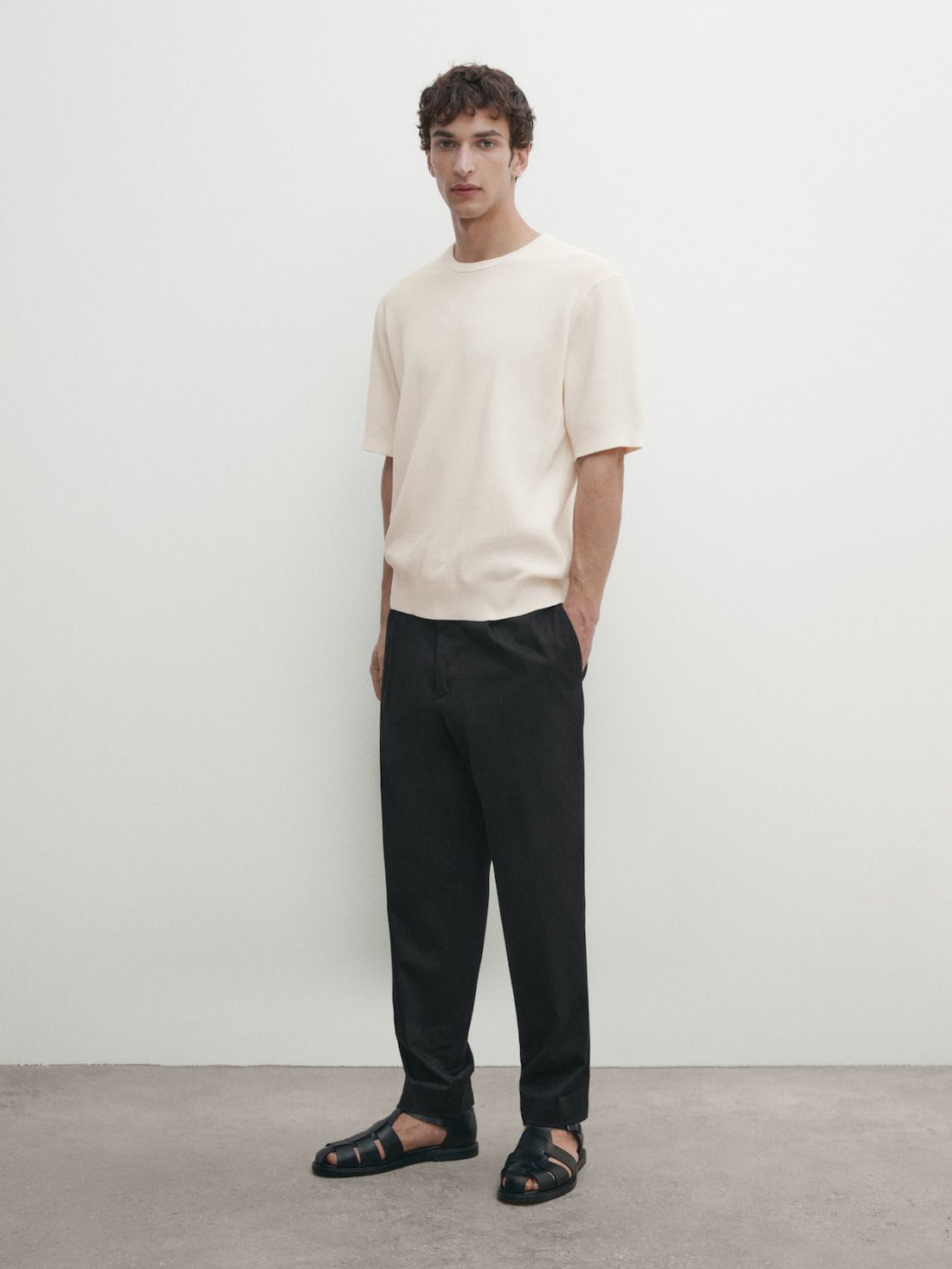 Massimo Dutti Cotton Knit With Short Sleeves Men T-Shirt Cream | US-BK3291045