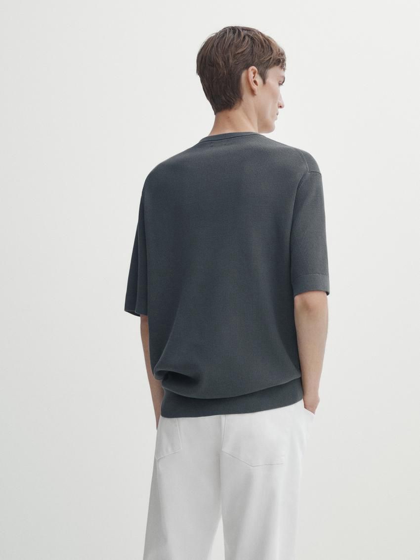 Massimo Dutti Cotton Knit With Short Sleeves Men T-Shirt Dark Grey | US-CZ9580763
