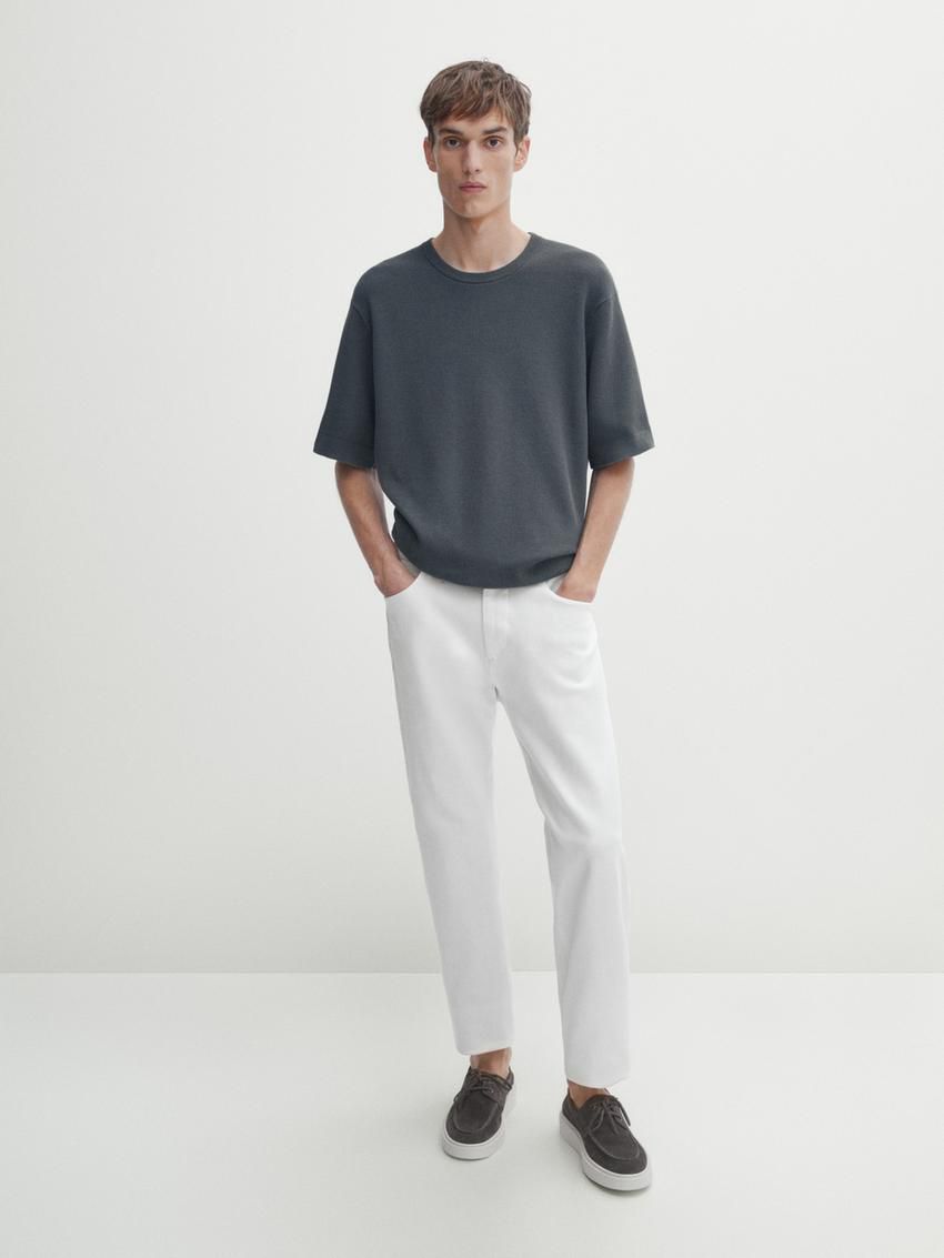 Massimo Dutti Cotton Knit With Short Sleeves Men T-Shirt Dark Grey | US-CZ9580763
