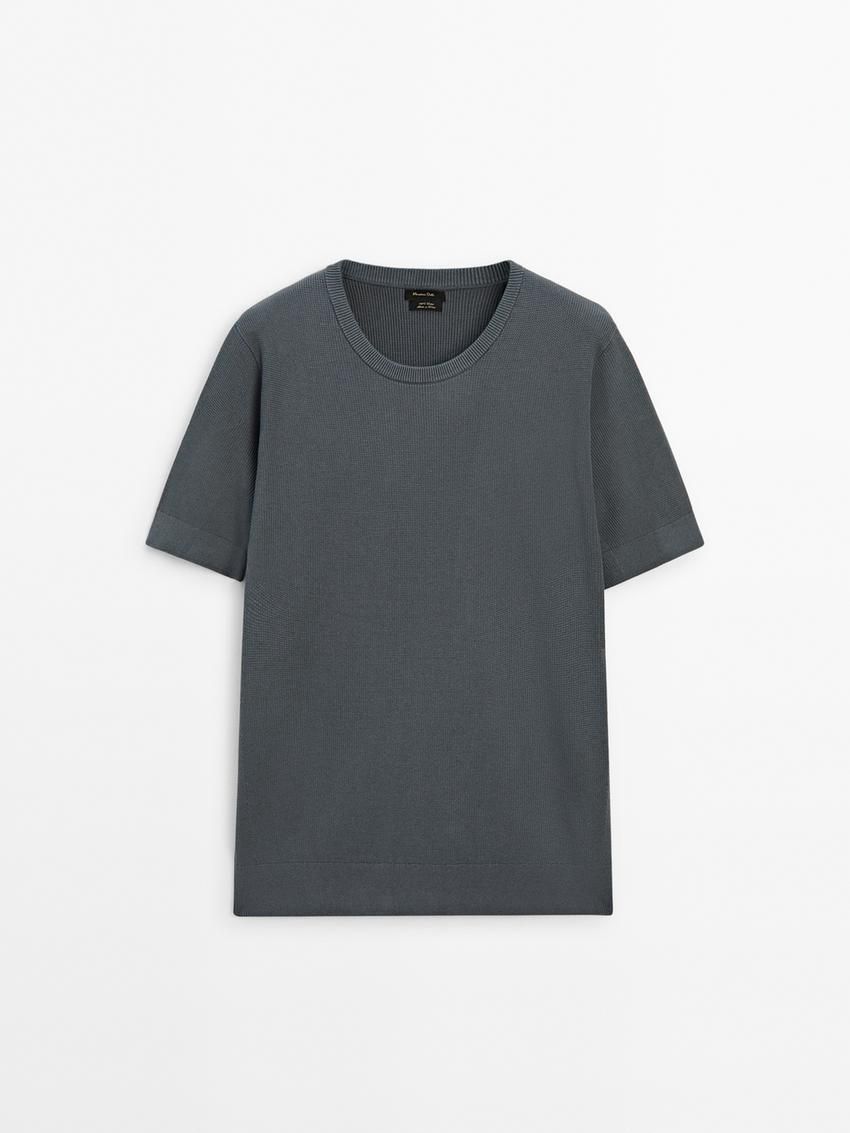 Massimo Dutti Cotton Knit With Short Sleeves Men T-Shirt Dark Grey | US-CZ9580763