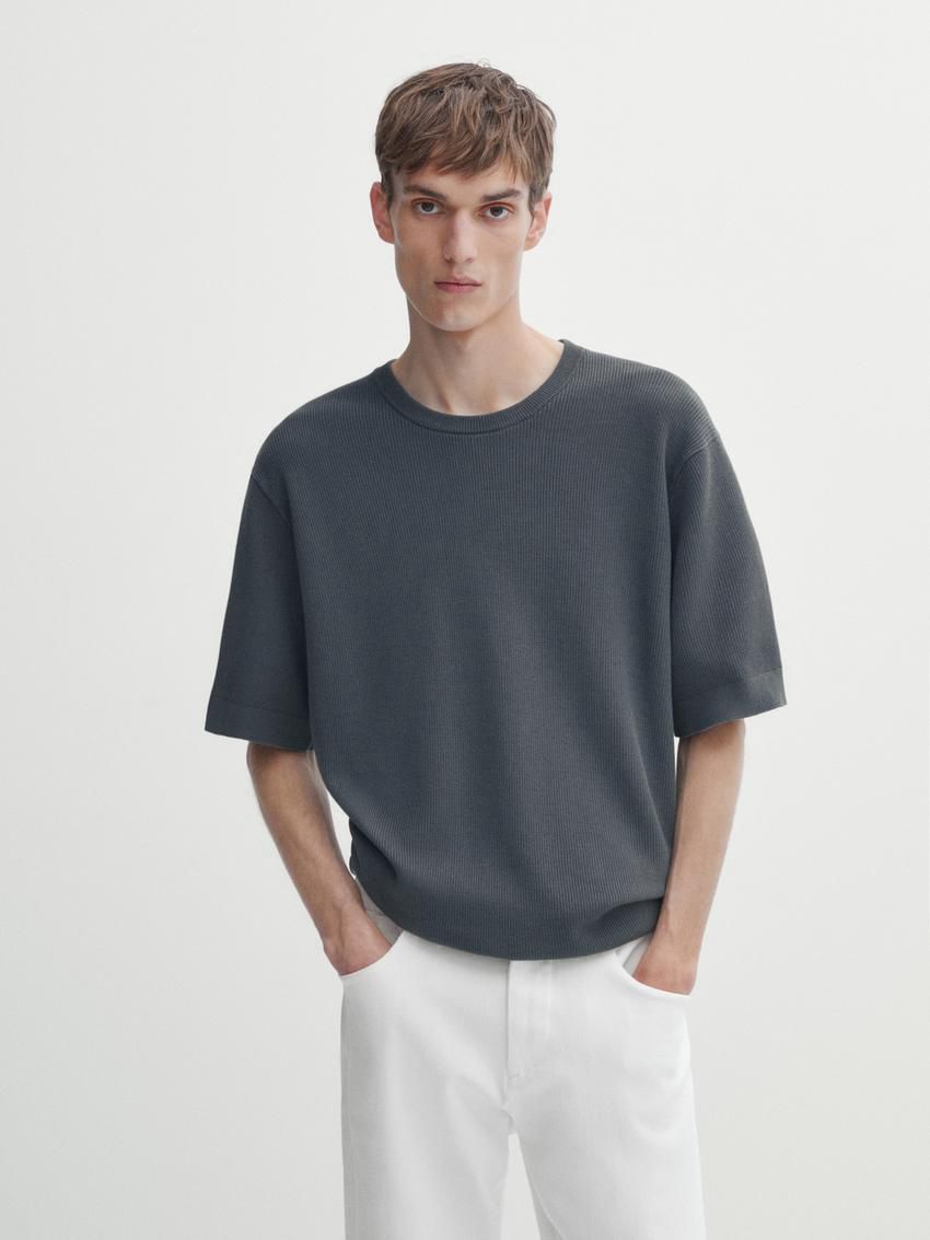 Massimo Dutti Cotton Knit With Short Sleeves Men T-Shirt Dark Grey | US-CZ9580763
