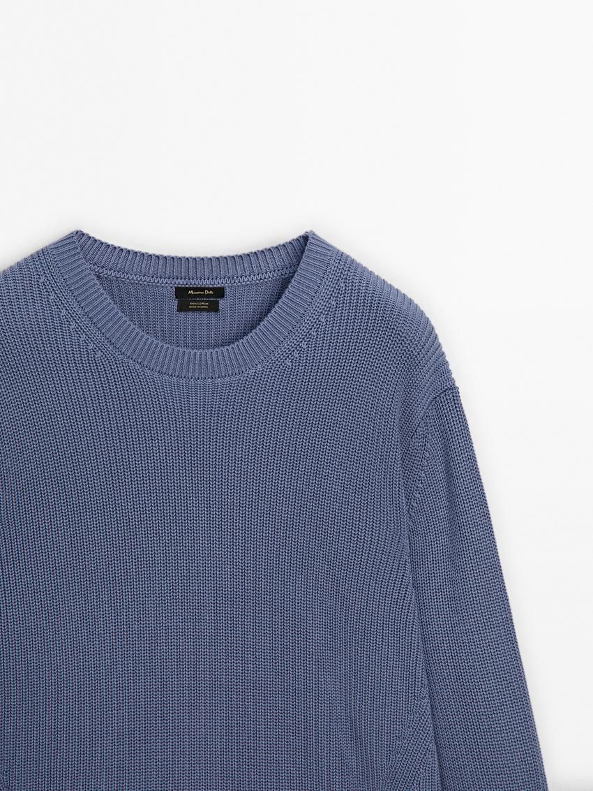 Massimo Dutti Cotton Knitted Crew Neck Men Jumpers Blue | US-CP7351946