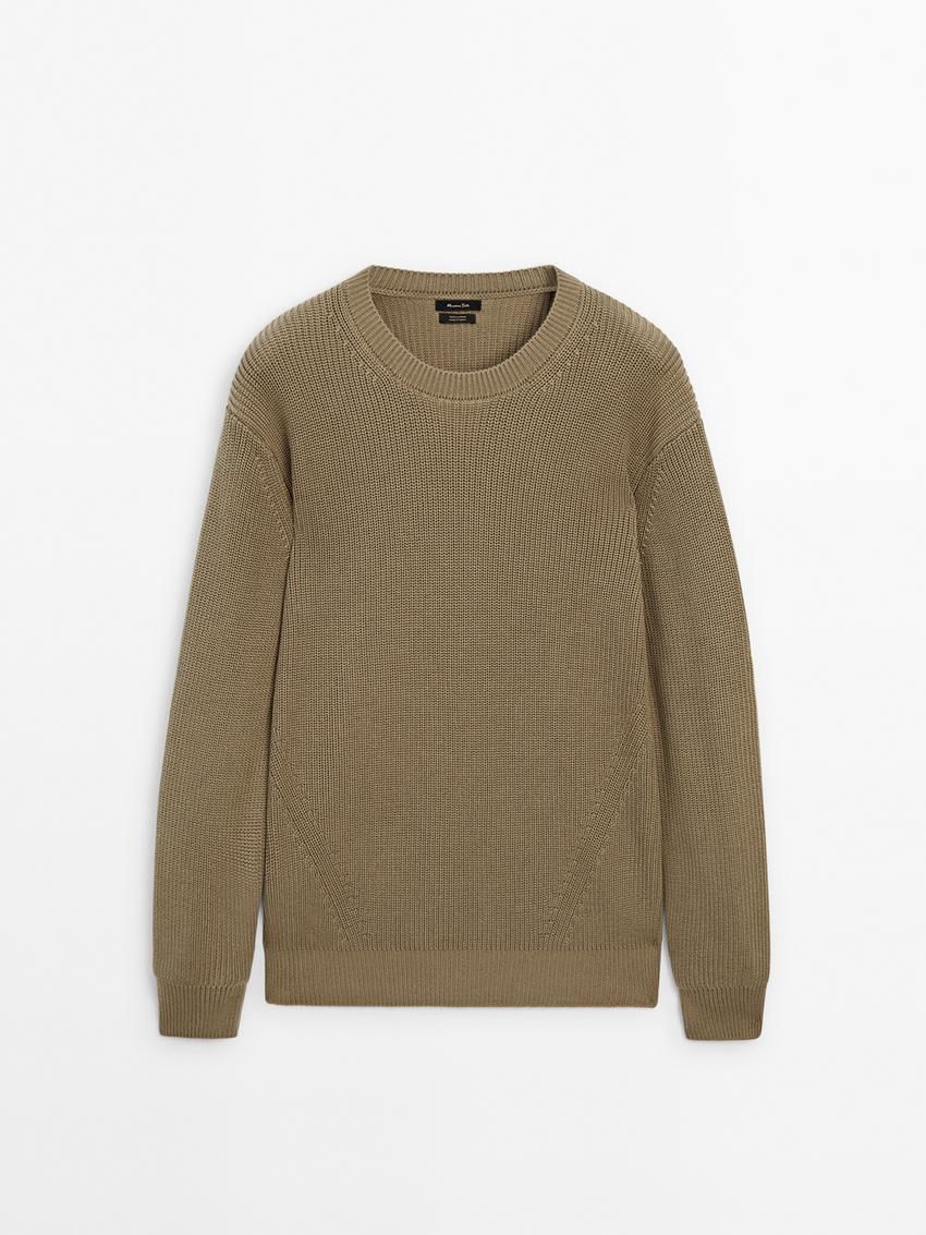Massimo Dutti Cotton Knitted Crew Neck Men Jumpers Khaki | US-GT5761084