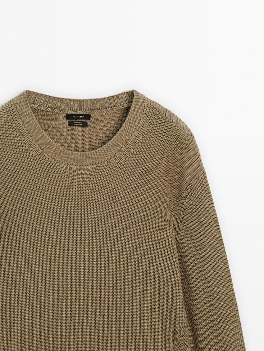 Massimo Dutti Cotton Knitted Crew Neck Men Jumpers Khaki | US-GT5761084