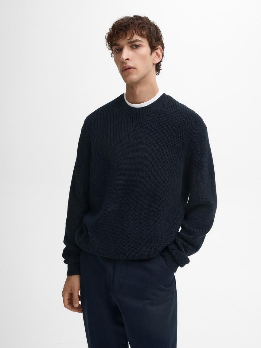 Massimo Dutti Cotton Knitted Crew Neck Men Jumpers Navy | US-JN9172580