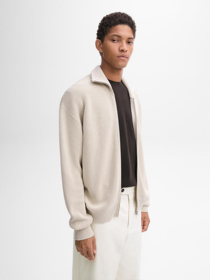 Massimo Dutti Cotton Knitted With Zip Men Cardigan Beige | US-CM7093581