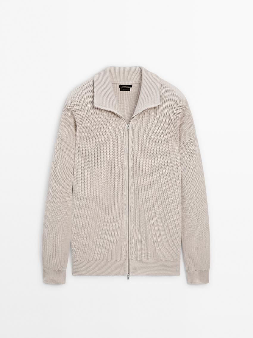 Massimo Dutti Cotton Knitted With Zip Men Cardigan Beige | US-CM7093581