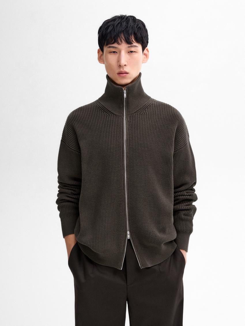 Massimo Dutti Cotton Knitted With Zip Men Cardigan Dark Olive | US-MX1482937