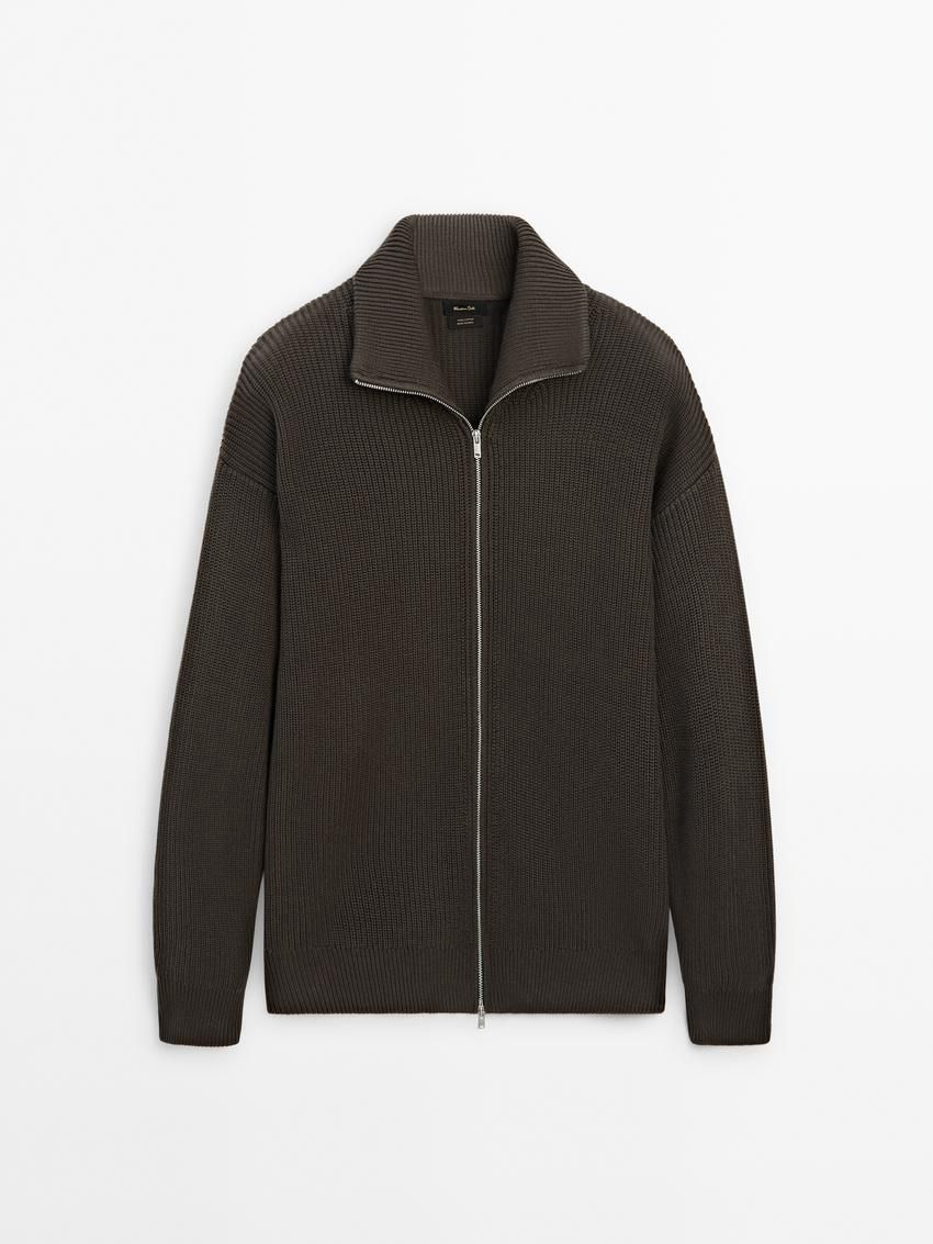 Massimo Dutti Cotton Knitted With Zip Men Cardigan Dark Olive | US-MX1482937