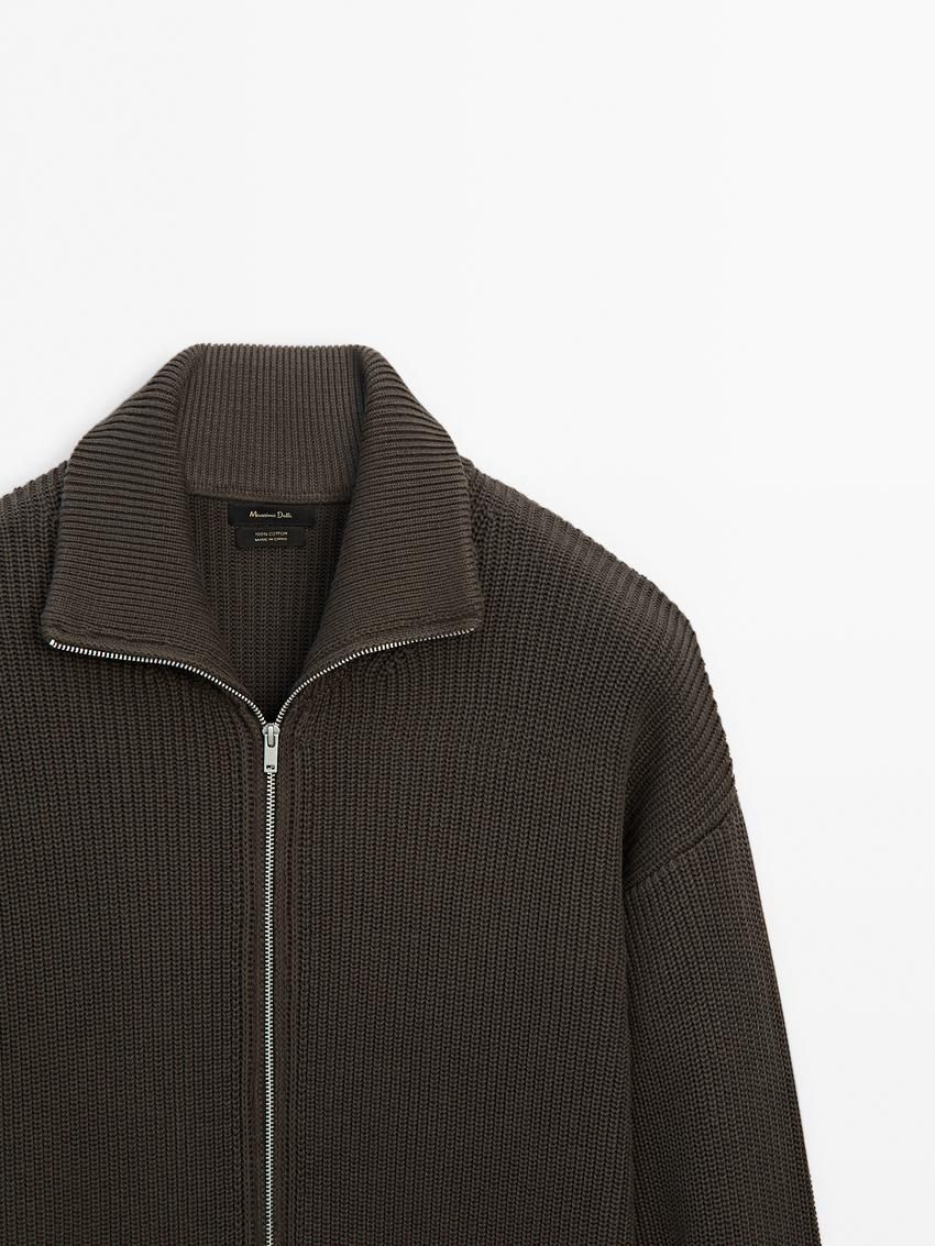 Massimo Dutti Cotton Knitted With Zip Men Cardigan Dark Olive | US-MX1482937