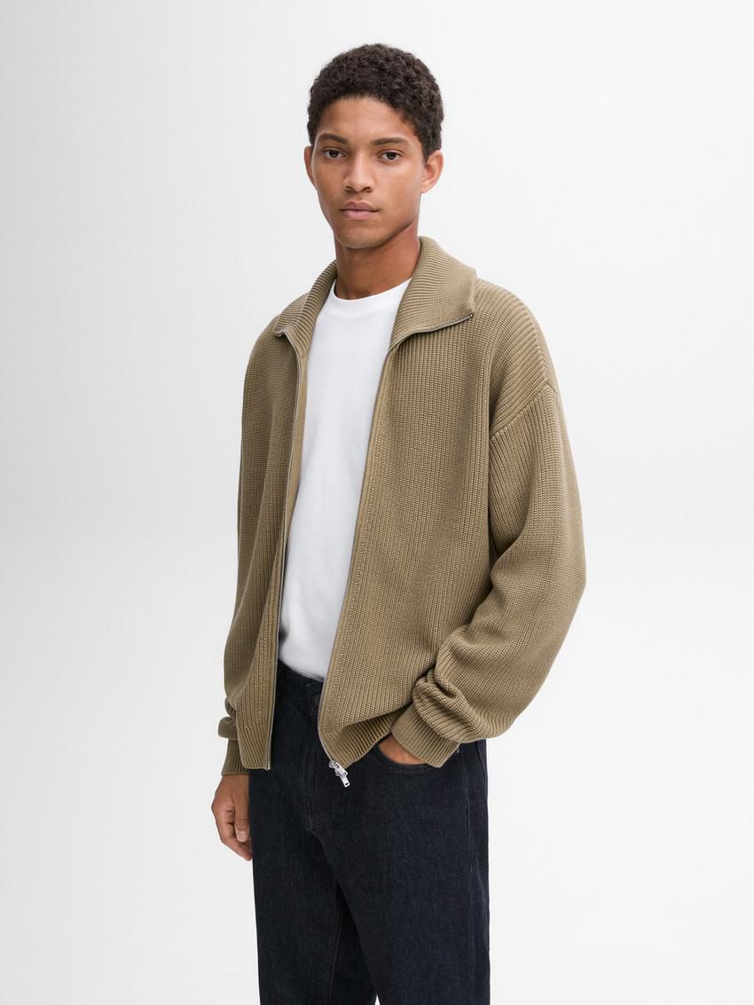 Massimo Dutti Cotton Knitted With Zip Men Cardigan Khaki | US-MC5861032
