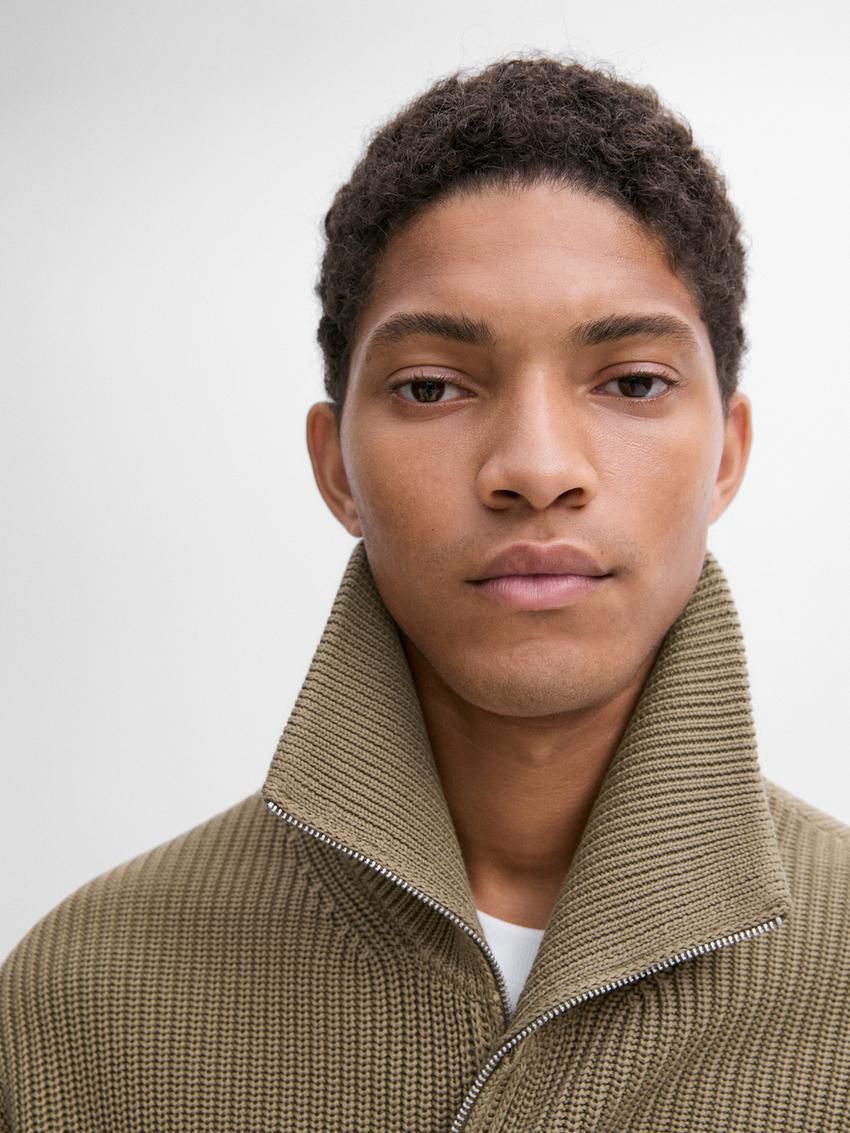Massimo Dutti Cotton Knitted With Zip Men Cardigan Khaki | US-MC5861032