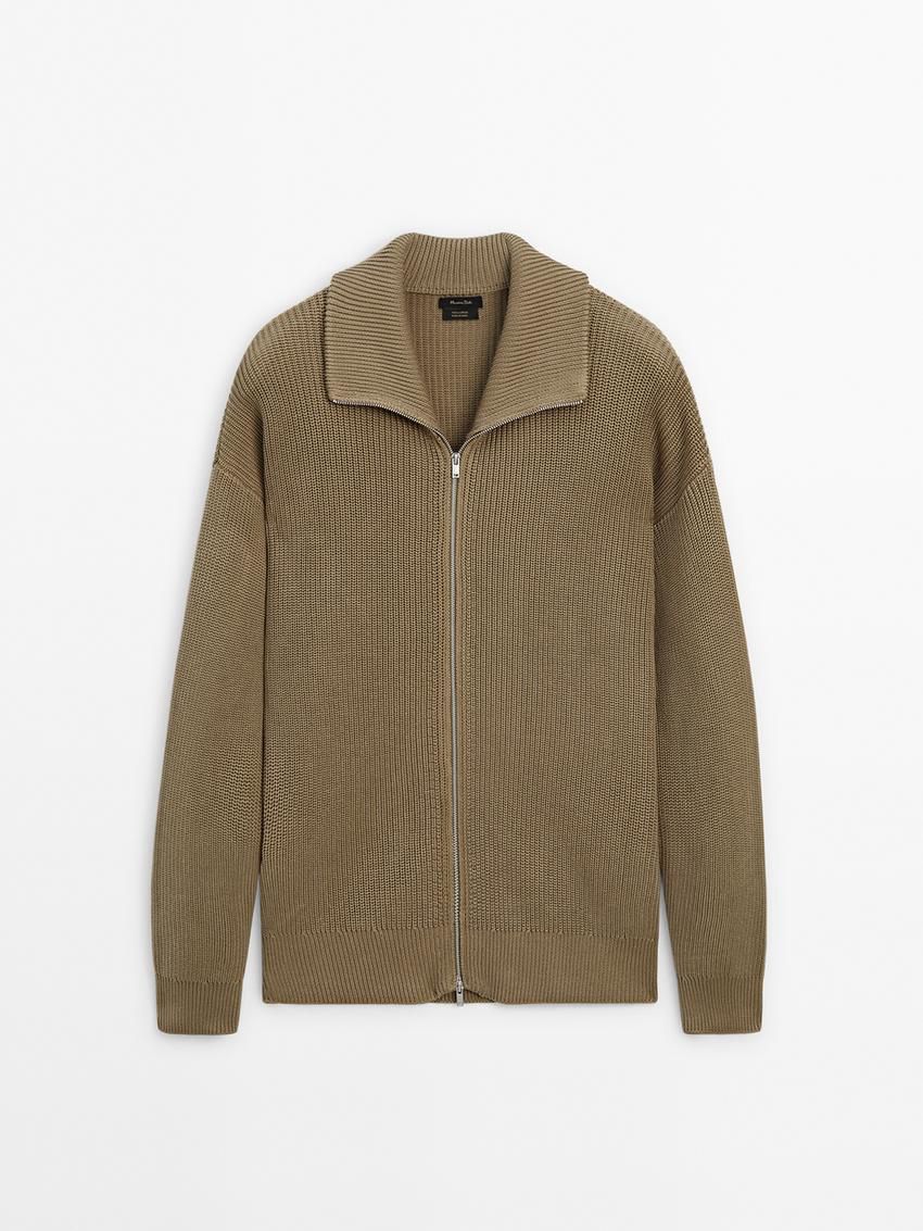 Massimo Dutti Cotton Knitted With Zip Men Cardigan Khaki | US-MC5861032