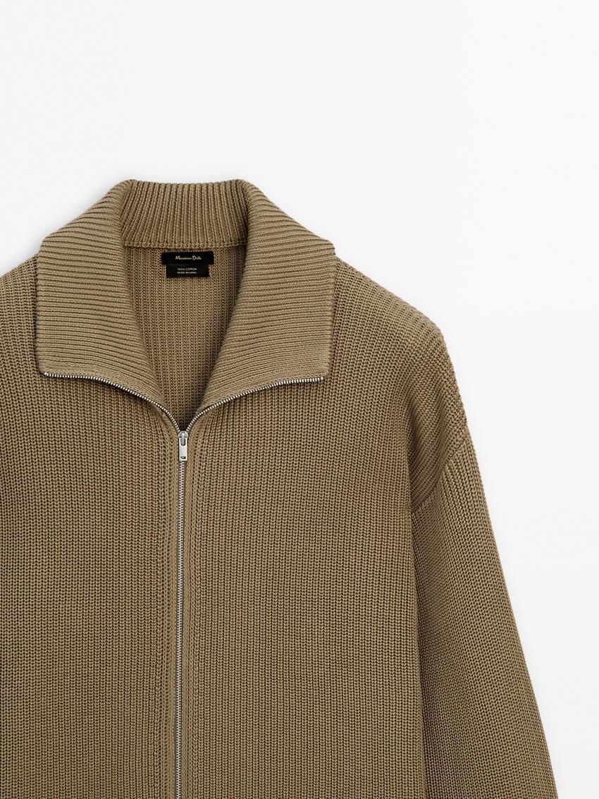 Massimo Dutti Cotton Knitted With Zip Men Cardigan Khaki | US-MC5861032