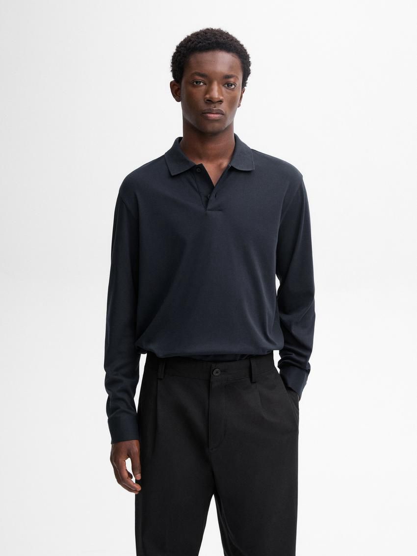 Massimo Dutti Cotton Long Sleeve Men Polo Shirt Navy | US-LJ8915467