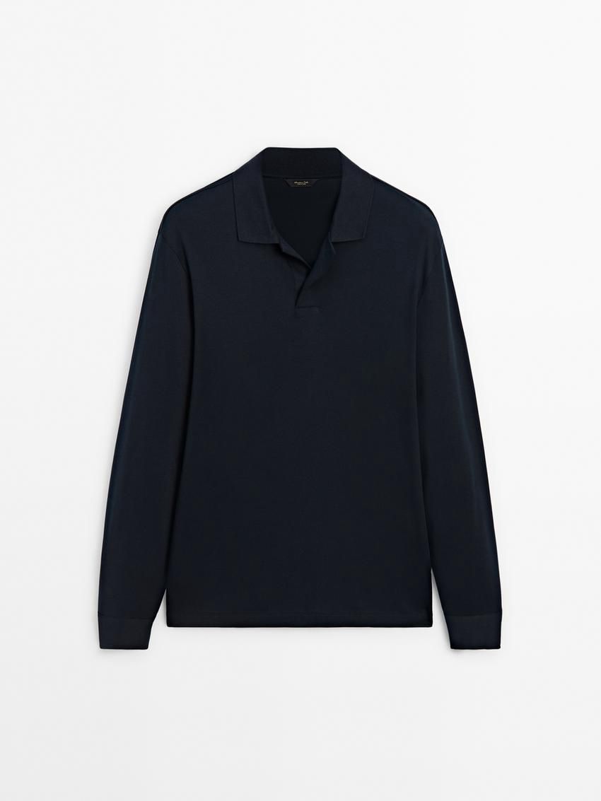 Massimo Dutti Cotton Long Sleeve Men Polo Shirt Navy | US-LJ8915467