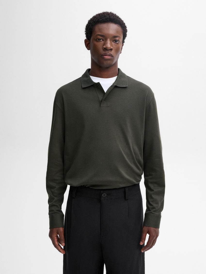 Massimo Dutti Cotton Long Sleeve Men Polo Shirt Dark Green | US-WH8534671