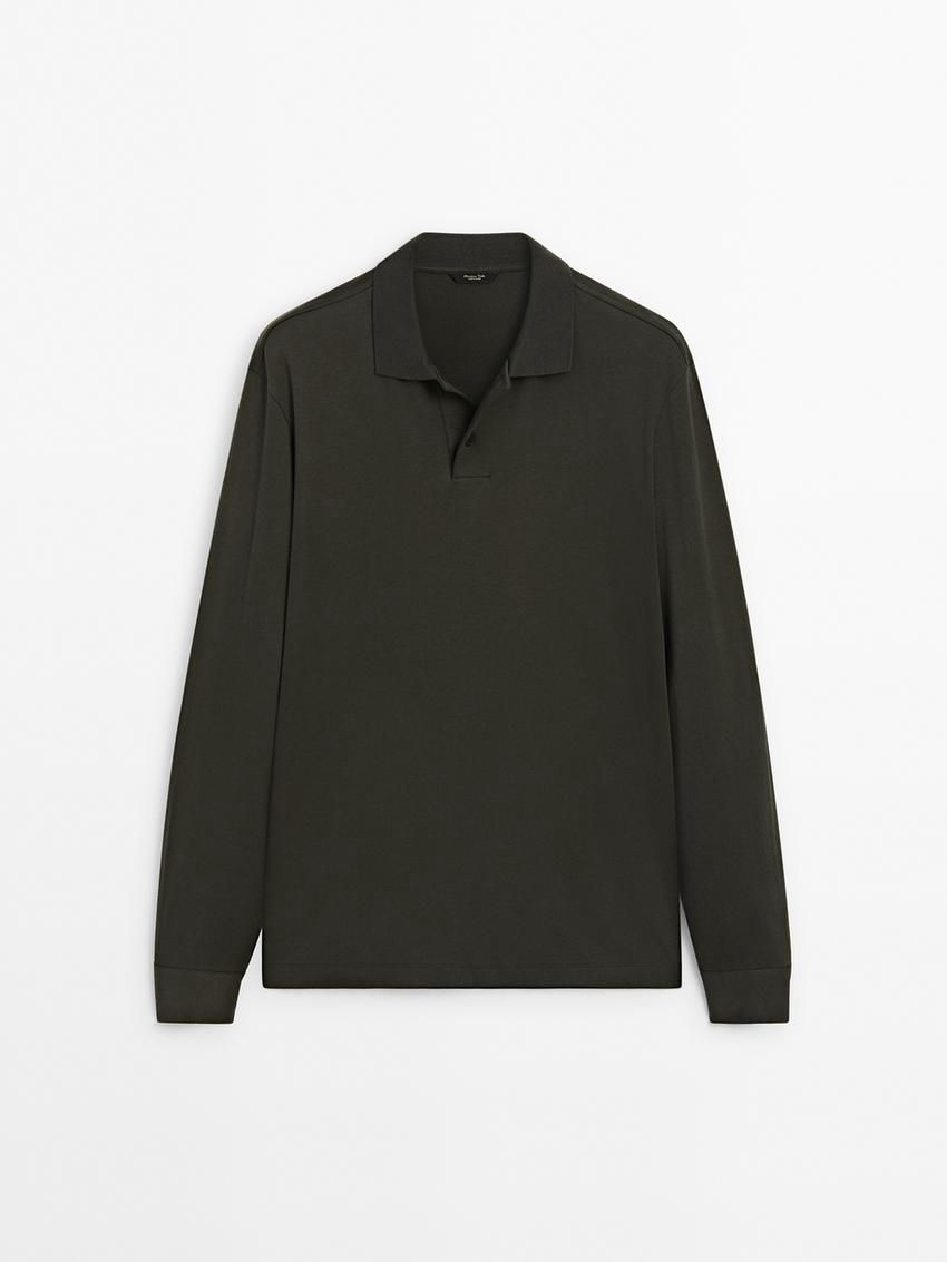 Massimo Dutti Cotton Long Sleeve Men Polo Shirt Dark Green | US-WH8534671