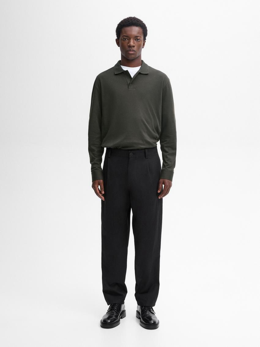 Massimo Dutti Cotton Long Sleeve Men Polo Shirt Dark Green | US-WH8534671