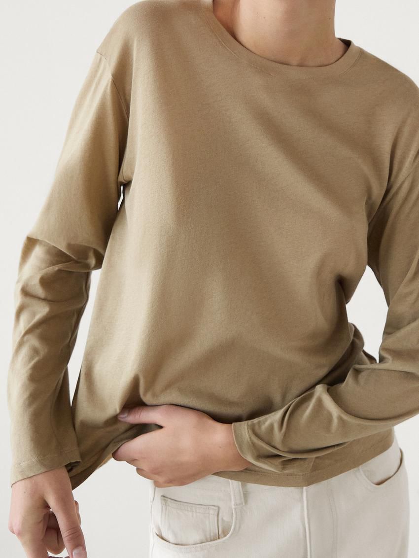 Massimo Dutti Cotton Long Sleeve Women T-Shirt Khaki | US-NS5186724
