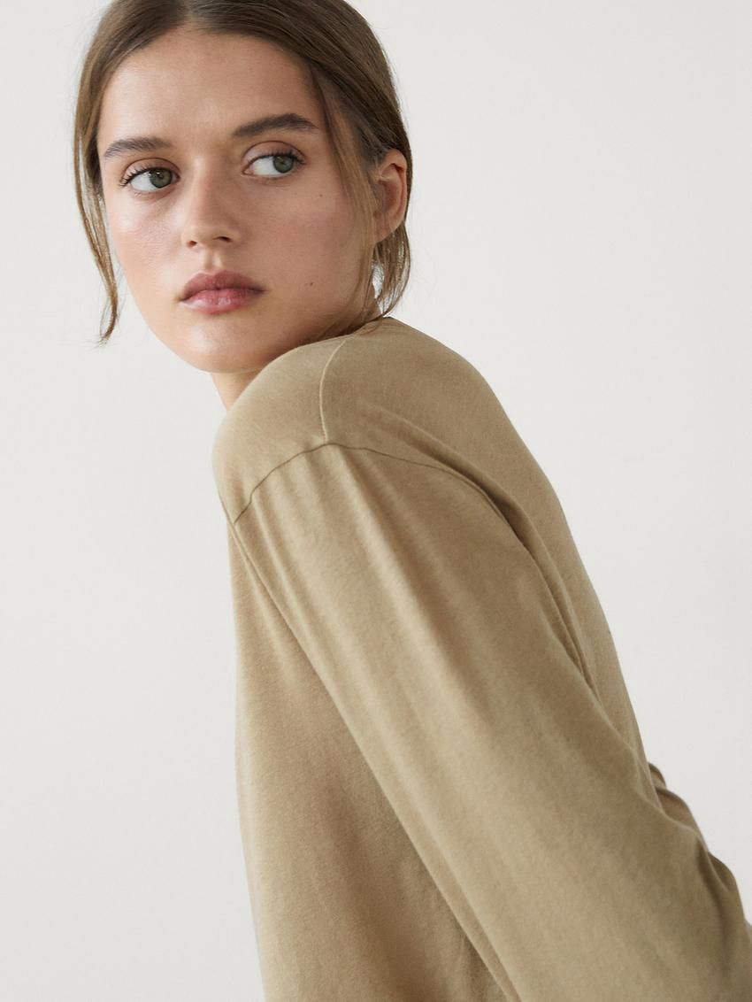 Massimo Dutti Cotton Long Sleeve Women T-Shirt Khaki | US-NS5186724