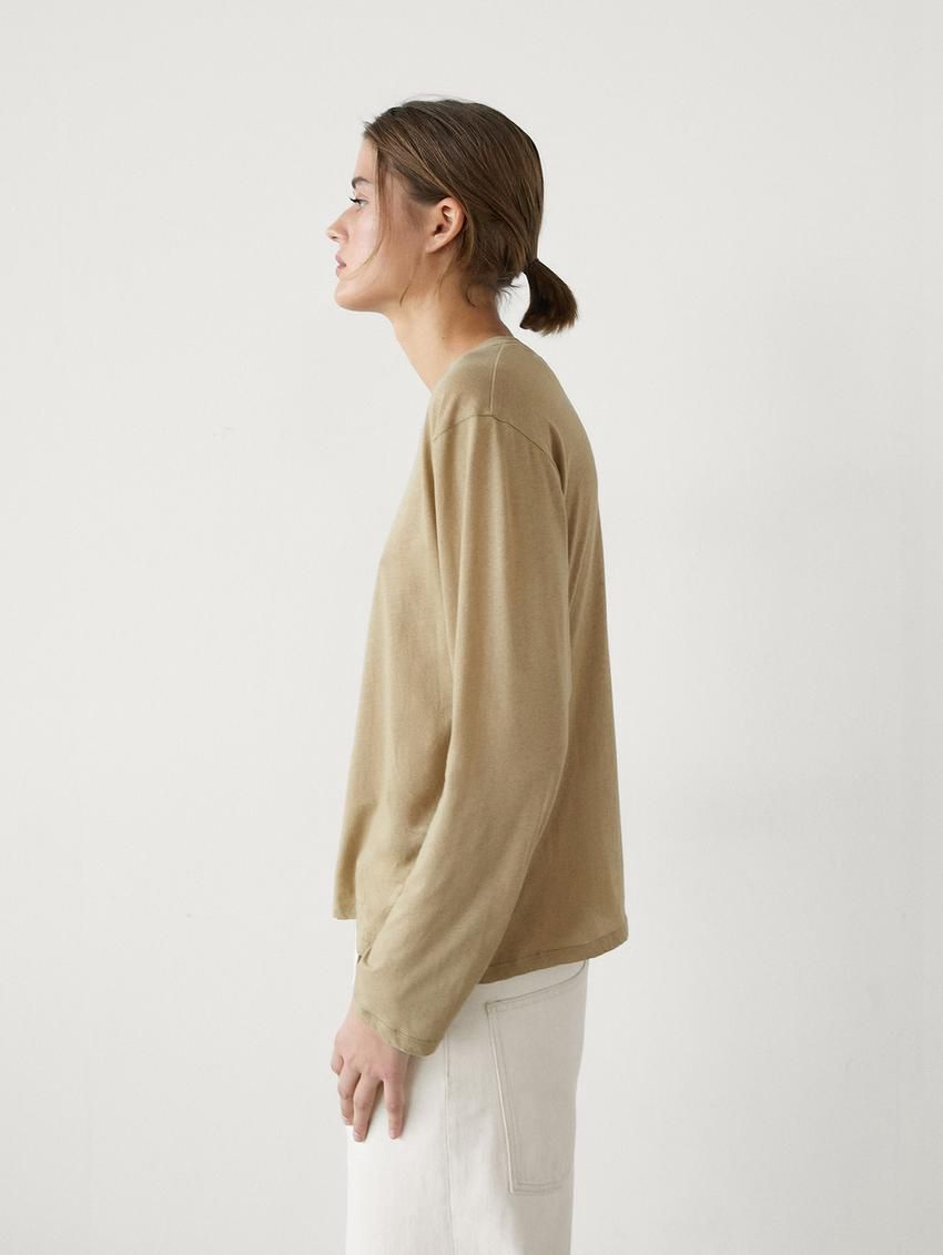 Massimo Dutti Cotton Long Sleeve Women T-Shirt Khaki | US-NS5186724