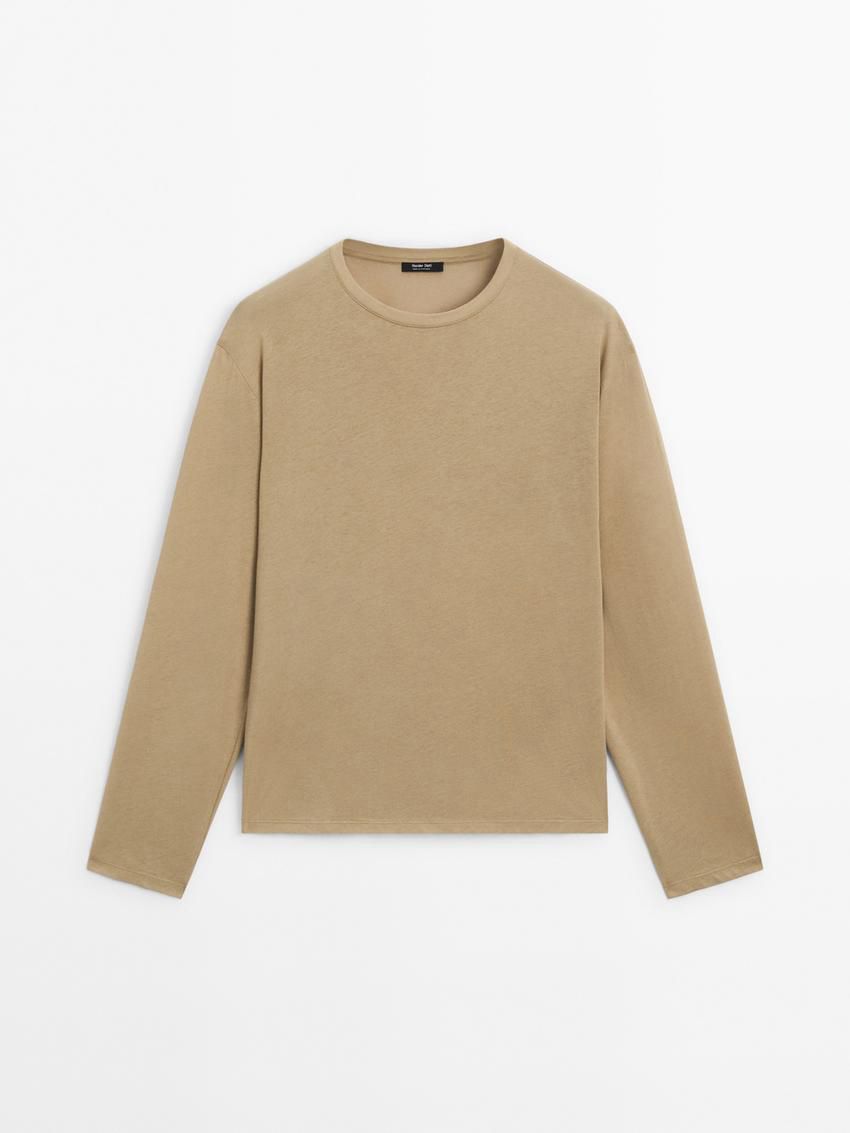 Massimo Dutti Cotton Long Sleeve Women T-Shirt Khaki | US-NS5186724