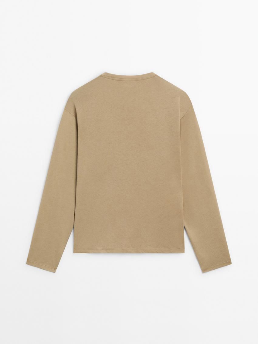 Massimo Dutti Cotton Long Sleeve Women T-Shirt Khaki | US-NS5186724