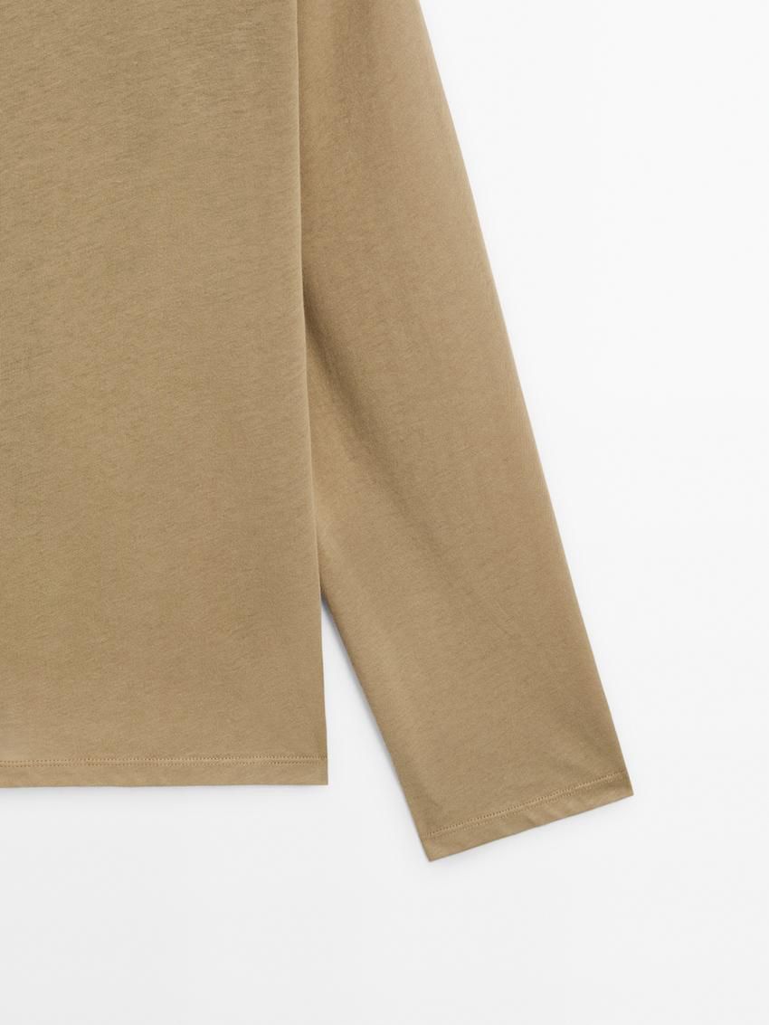 Massimo Dutti Cotton Long Sleeve Women T-Shirt Khaki | US-NS5186724