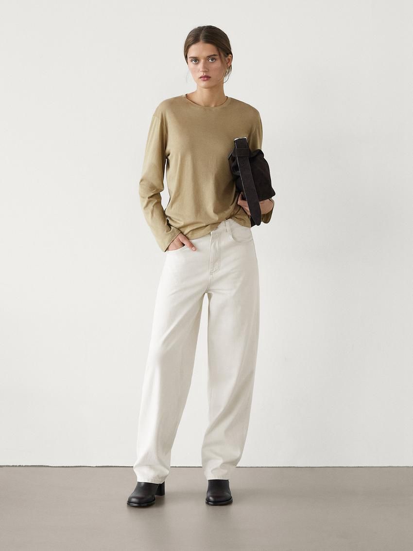 Massimo Dutti Cotton Long Sleeve Women T-Shirt Khaki | US-NS5186724