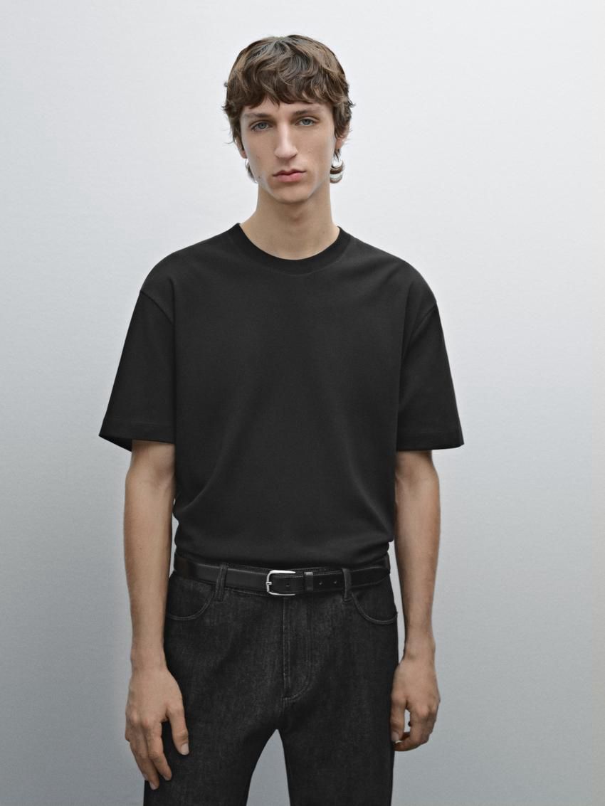 Massimo Dutti Cotton Medium Weight Men T-Shirt Black | US-MX1940352