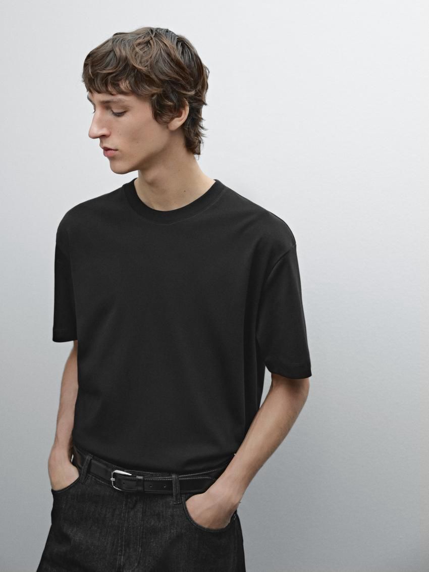 Massimo Dutti Cotton Medium Weight Men T-Shirt Black | US-MX1940352