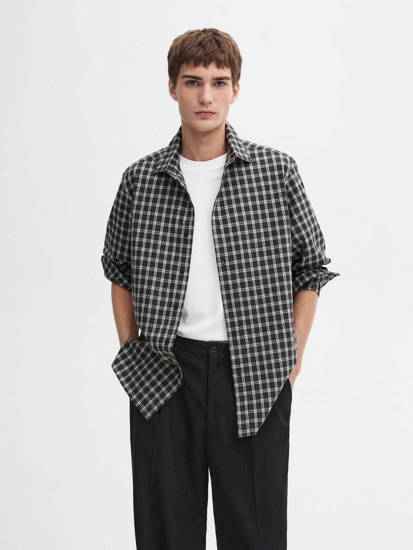 Massimo Dutti Cotton Melange Check Men Shirts Black / Grey | US-WO0692875