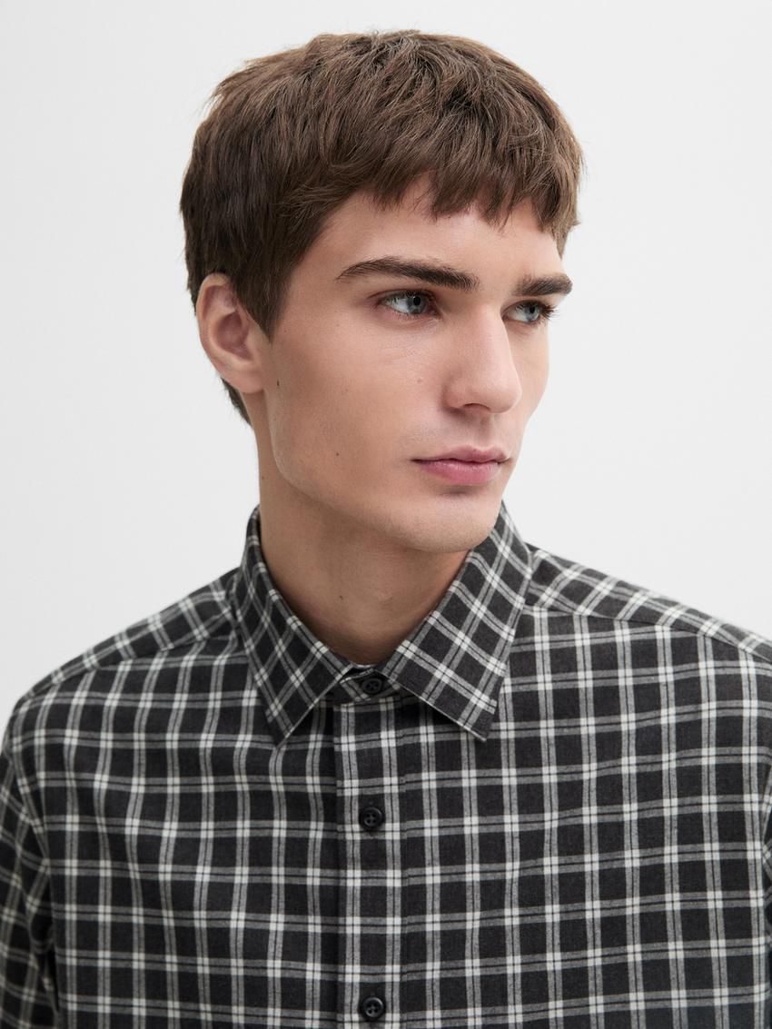 Massimo Dutti Cotton Melange Check Men Shirts Black / Grey | US-WO0692875