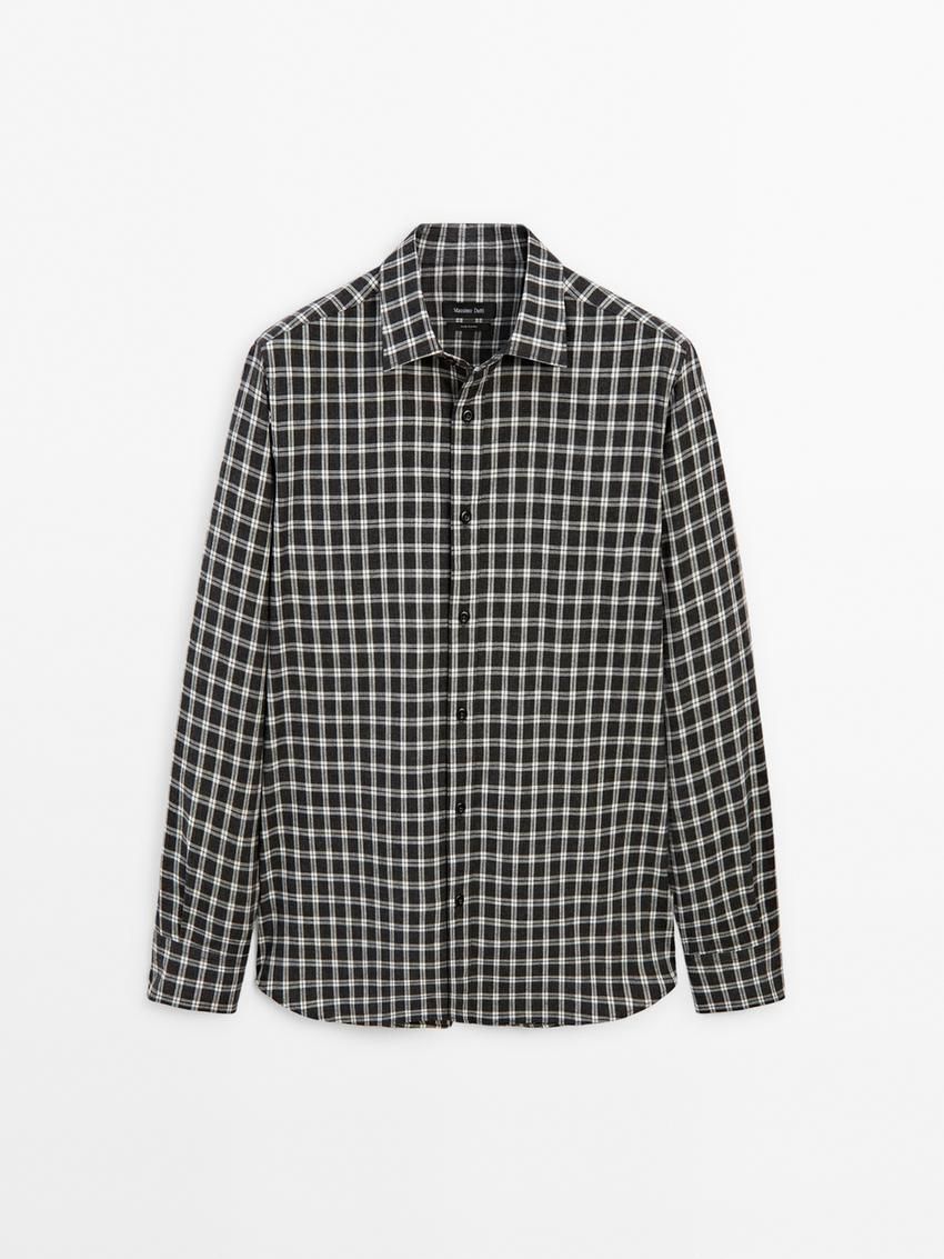 Massimo Dutti Cotton Melange Check Men Shirts Black / Grey | US-WO0692875