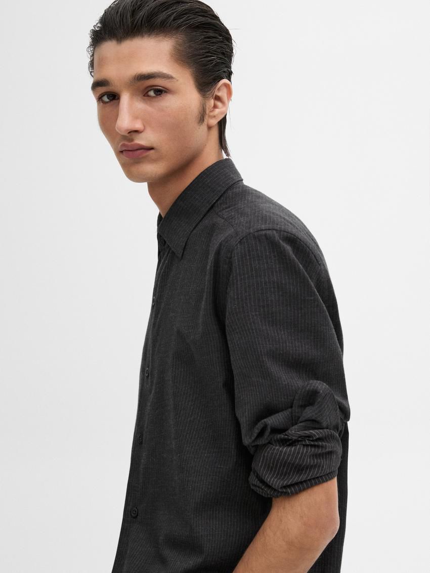Massimo Dutti Cotton Micro-stripe Men Shirts Black | US-GK9708612