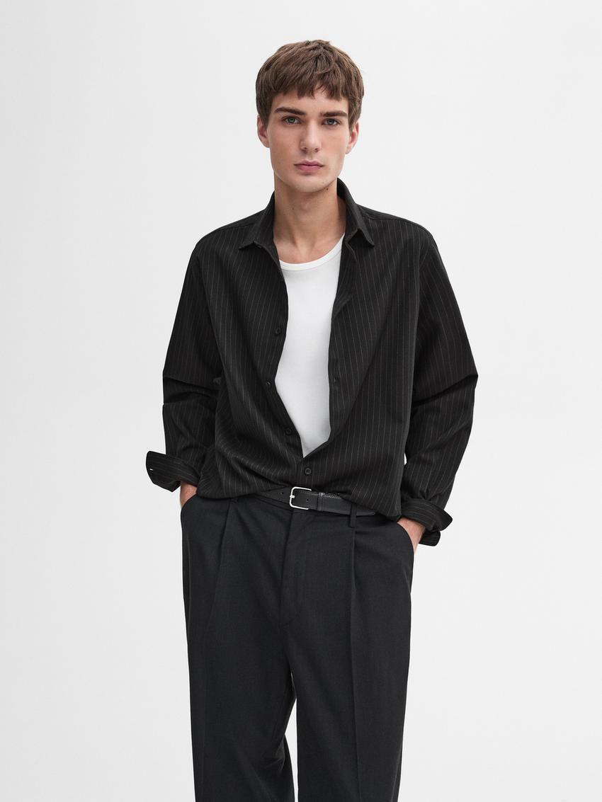 Massimo Dutti Cotton Pinstripe Men Shirts Black | US-EQ0865342