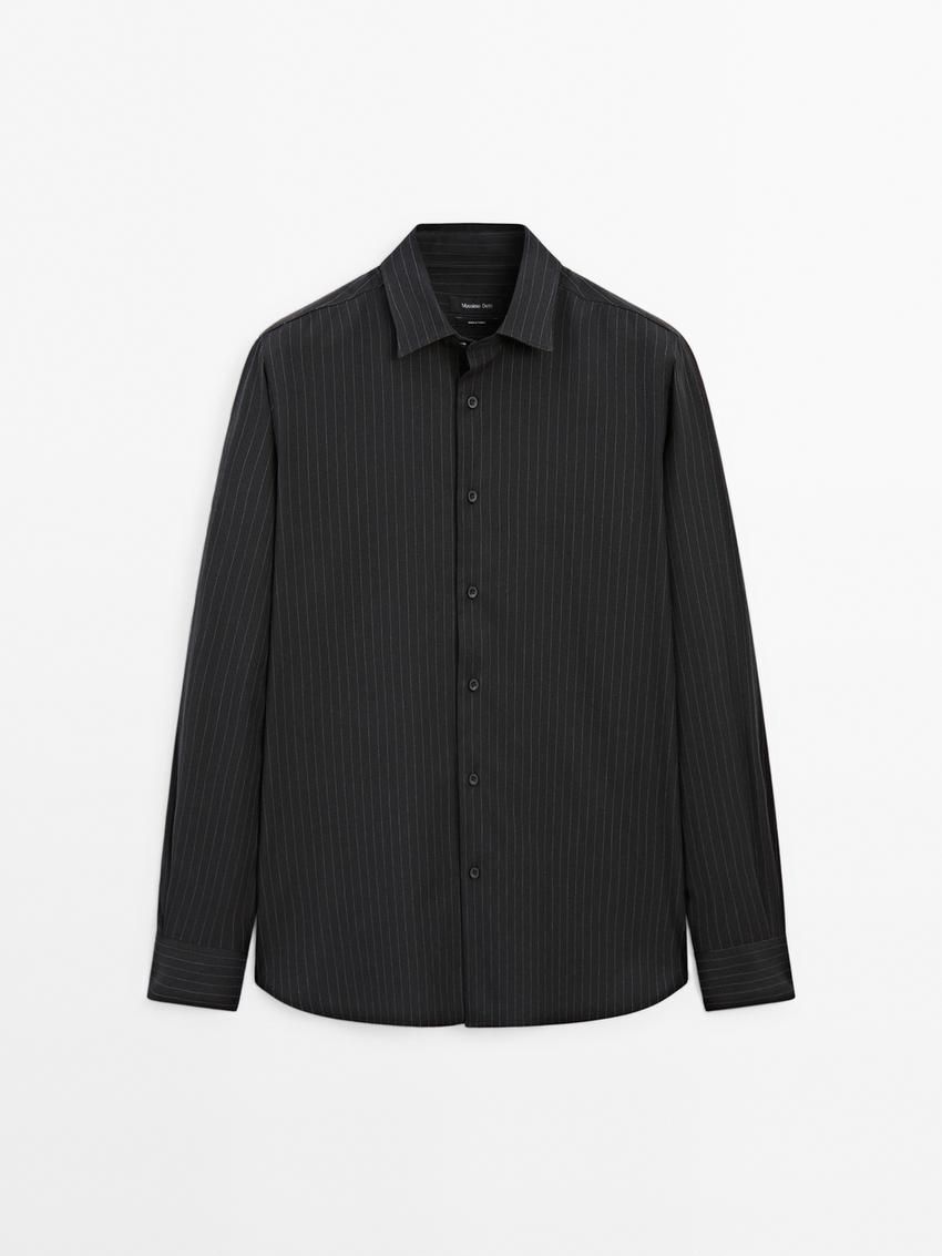 Massimo Dutti Cotton Pinstripe Men Shirts Black | US-EQ0865342