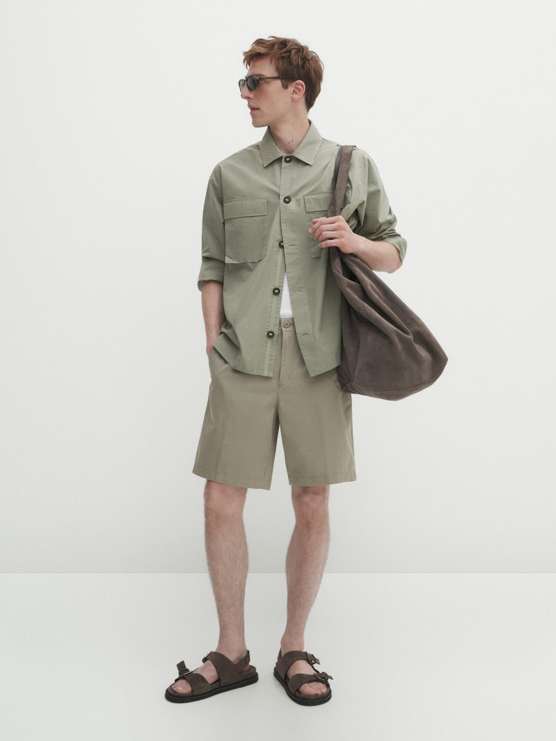 Massimo Dutti Cotton Poplin Bermuda Men Shorts Khaki | US-HI6530284