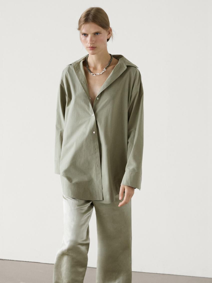 Massimo Dutti Cotton Poplin Oversize With Double Hem Women Blouse Green | US-IT8632190