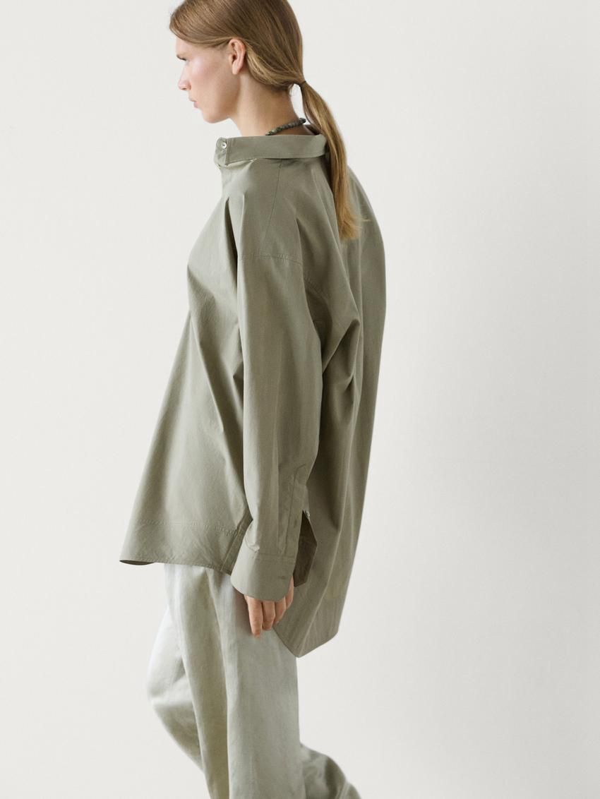 Massimo Dutti Cotton Poplin Oversize With Double Hem Women Blouse Green | US-IT8632190