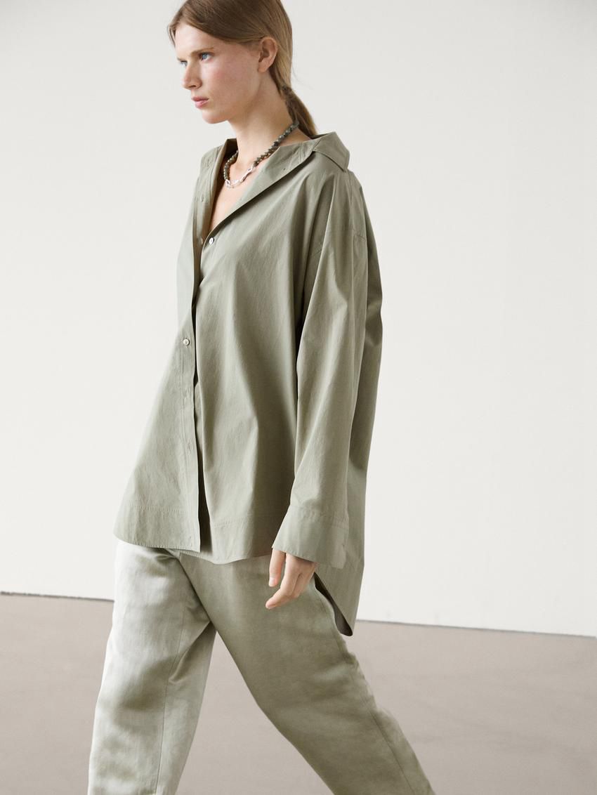 Massimo Dutti Cotton Poplin Oversize With Double Hem Women Blouse Green | US-IT8632190