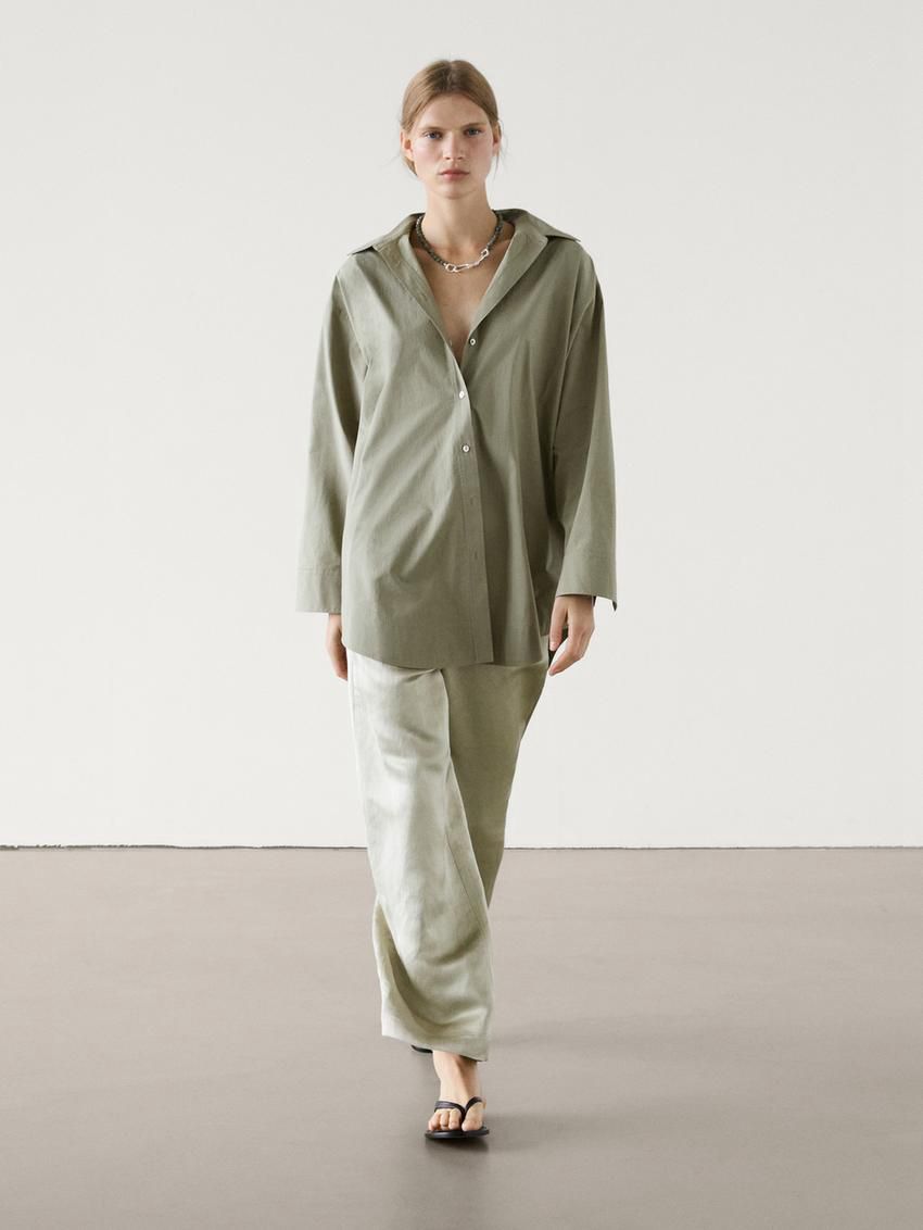 Massimo Dutti Cotton Poplin Oversize With Double Hem Women Blouse Green | US-IT8632190